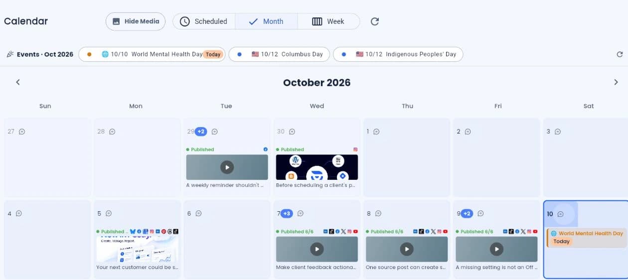 Postly publishing calendar with published posts and channel indicators.